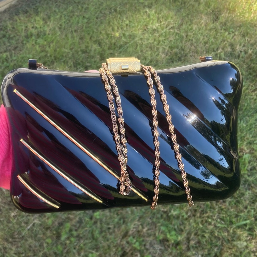 MICARL PARIS VINTAGE Black Lucite Acrylic Pillow Shape Gold Chain Crossbody Bag